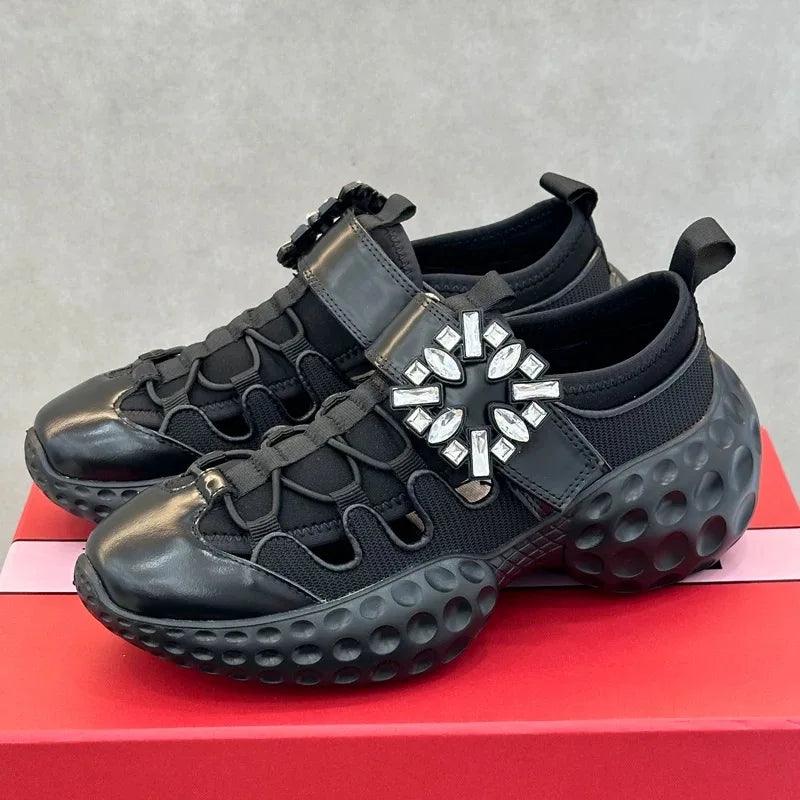 High quality hollow old daddy shoes women thick sole summer new mesh square buckle rhinestone Velcro increase casual sports - So Real Fashion