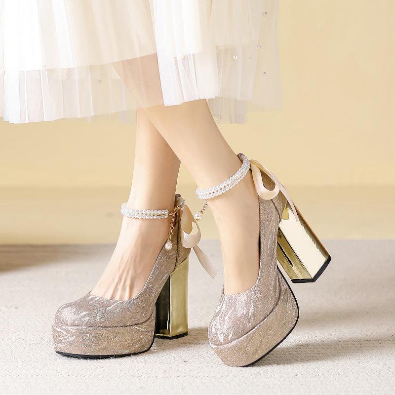 Waterproof Platform Super High Heels Chunky Heel Champagne Bridesmaid Wedding Shoes Short Music Strap Pearl Grace Flats - So Real Fashion