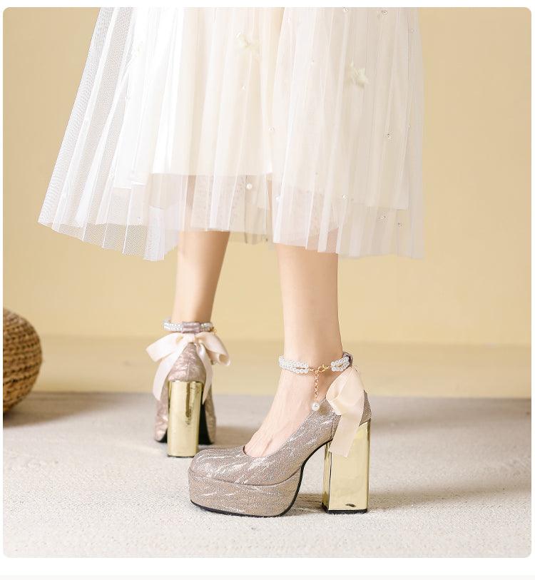 Waterproof Platform Super High Heels Chunky Heel Champagne Bridesmaid Wedding Shoes Short Music Strap Pearl Grace Flats - So Real Fashion