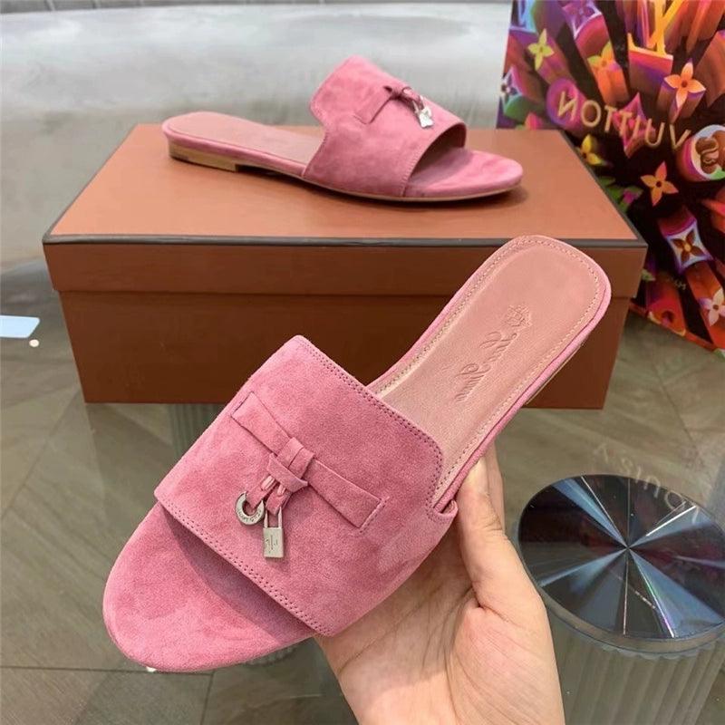 Flat for Outdoors Genuine Leather Suede Half Slippers Retro Bean Bag Open Toe Sandals Internet Celebrity Comfortable plus Size Women's Shoes - So Real Fashion