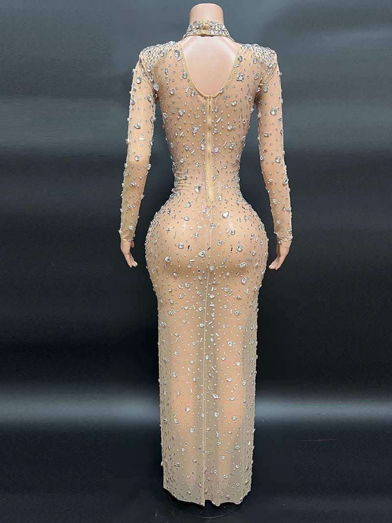 High Neck Sexy Slit Rhinestone Elegant Shiny Dress - So Real Fashion