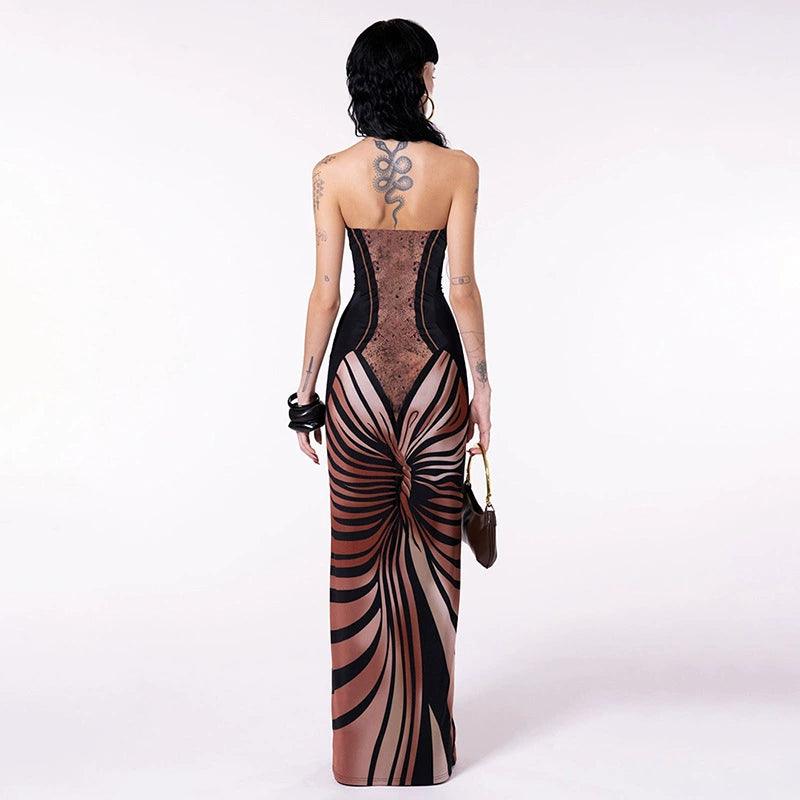 Fashion Pure Desire Wind Autumn New Fashion Trendy Printed Sexy Tube Top Slit Slim-Fitting Slim Looking Sexy Dress - So Real Fashion