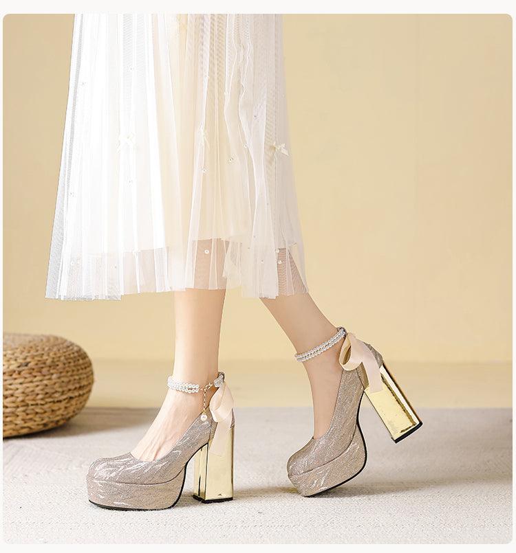 Waterproof Platform Super High Heels Chunky Heel Champagne Bridesmaid Wedding Shoes Short Music Strap Pearl Grace Flats - So Real Fashion