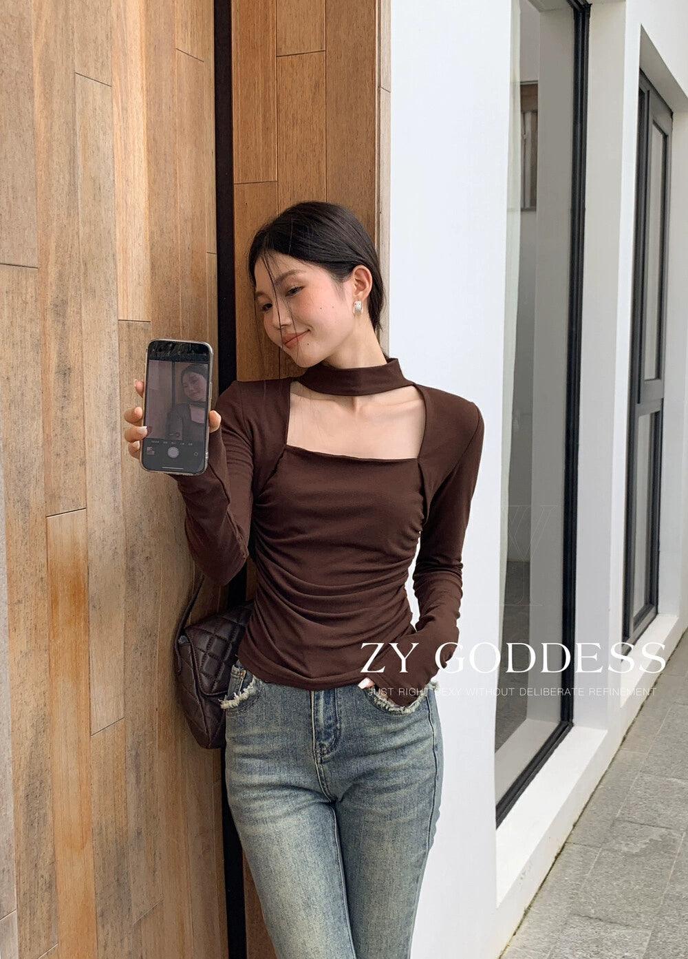 Design Blouse Niche Style Brushed Waist-Tight T-shirt Halterneck - So Real Fashion