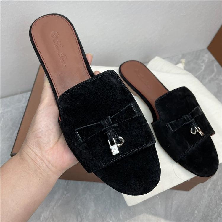 Flat for Outdoors Genuine Leather Suede Half Slippers Retro Bean Bag Open Toe Sandals Internet Celebrity Comfortable plus Size Women's Shoes - So Real Fashion