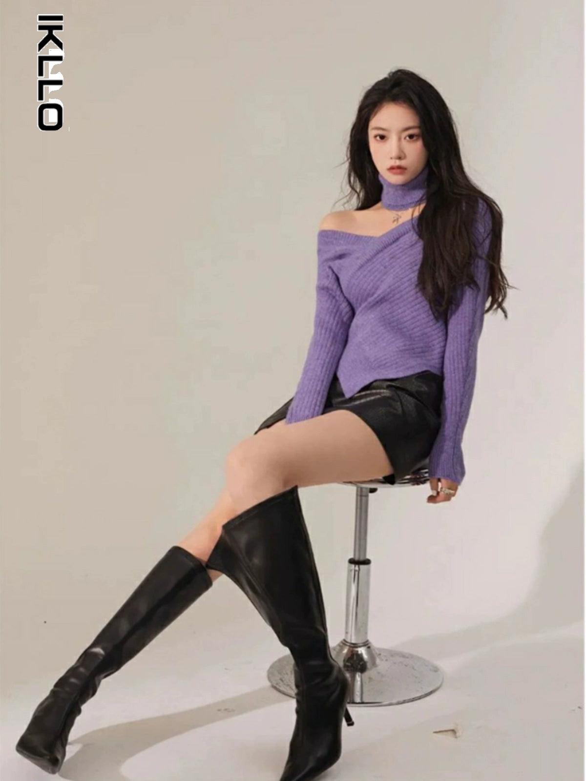 Off-Shoulder Niche Style Retro Asymmetrical Purple Sweater - So Real Fashion