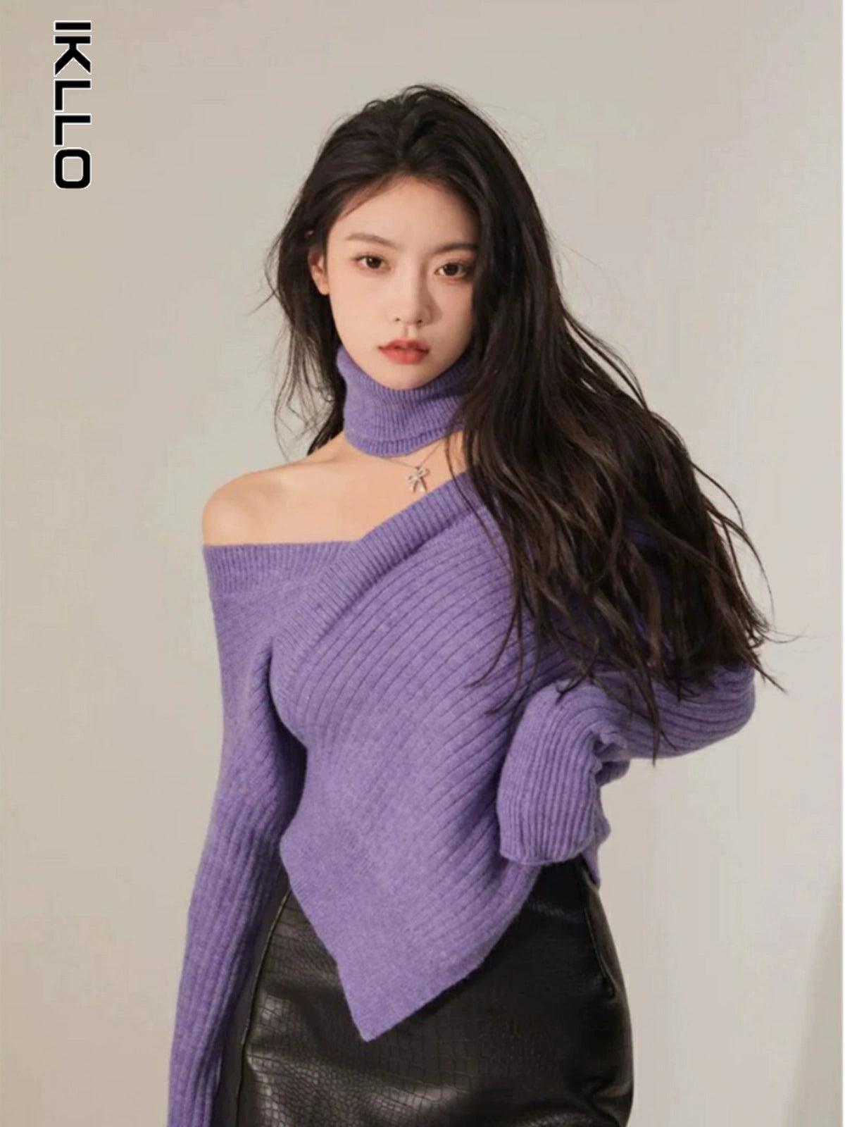 Off-Shoulder Niche Style Retro Asymmetrical Purple Sweater - So Real Fashion