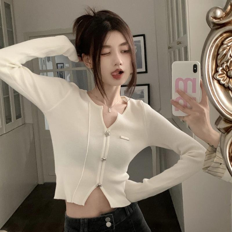 Sweet Sexy Black V-neck Base Knitwear Female Spring & Fall Slim Fit Inner Wear Slim Looking Unique Chic Cropped Small Top - So Real Fashion