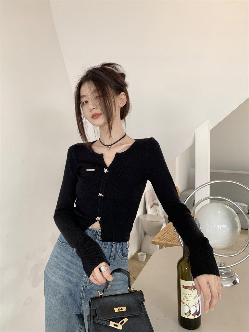 Sweet Sexy Black V-neck Base Knitwear Female Spring & Fall Slim Fit Inner Wear Slim Looking Unique Chic Cropped Small Top - So Real Fashion