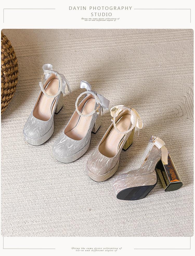 Waterproof Platform Super High Heels Chunky Heel Champagne Bridesmaid Wedding Shoes Short Music Strap Pearl Grace Flats - So Real Fashion