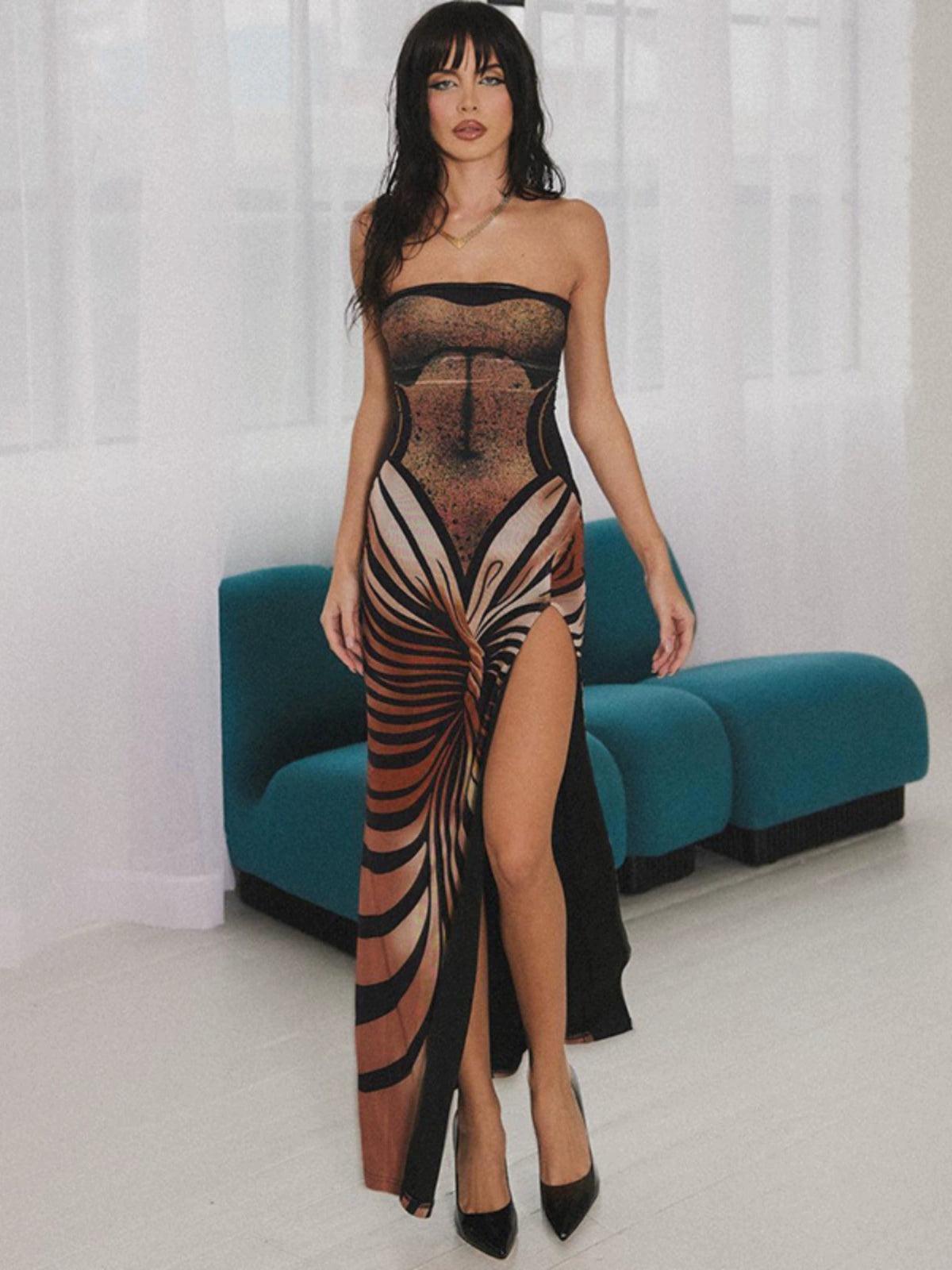 Fashion Pure Desire Wind Autumn New Fashion Trendy Printed Sexy Tube Top Slit Slim-Fitting Slim Looking Sexy Dress - So Real Fashion