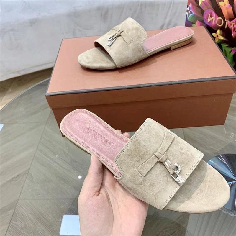 Flat for Outdoors Genuine Leather Suede Half Slippers Retro Bean Bag Open Toe Sandals Internet Celebrity Comfortable plus Size Women's Shoes - So Real Fashion