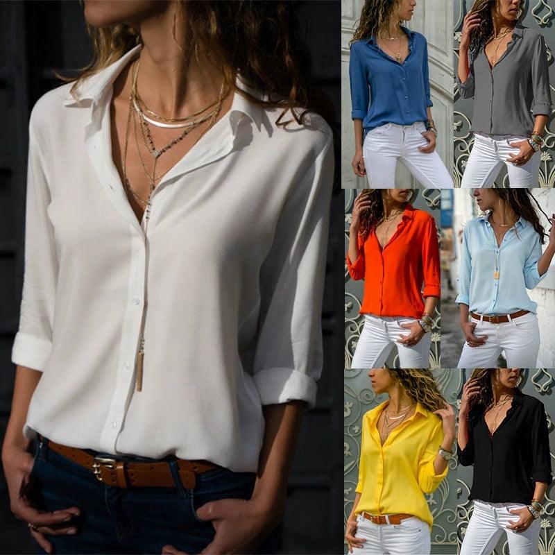 Lapel Casual Loose Style Buckle Blouses - So Real Fashion