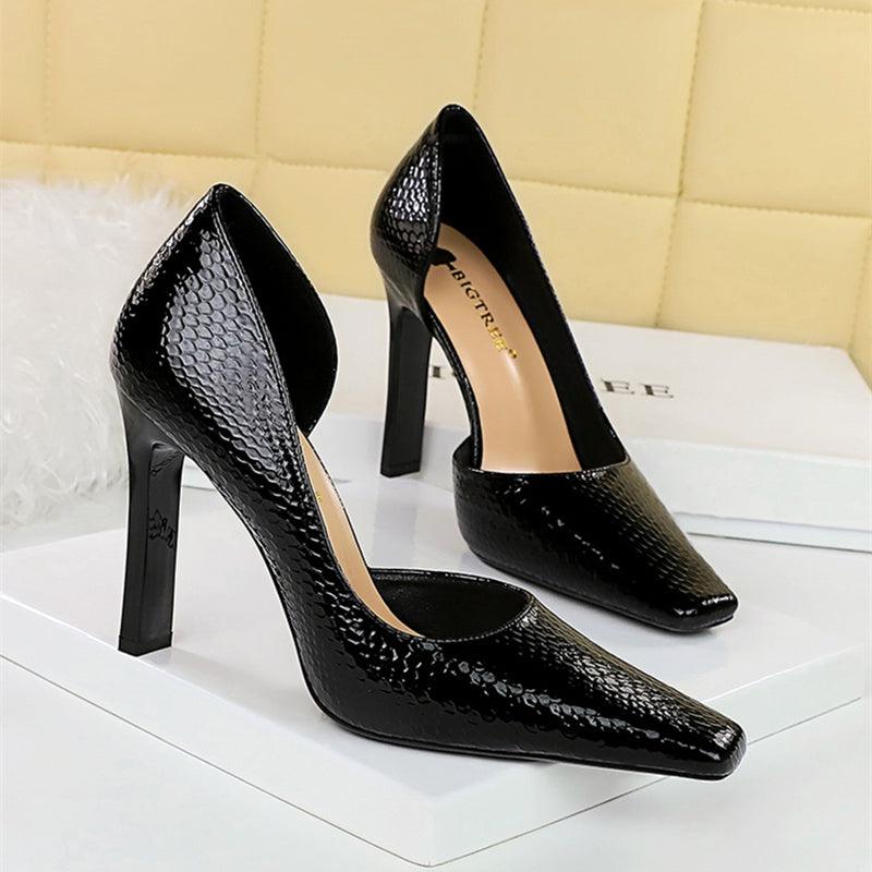 OL Fashion Style Snake skin Patent Leather Side Cut Out High Heels - So Real Fashion