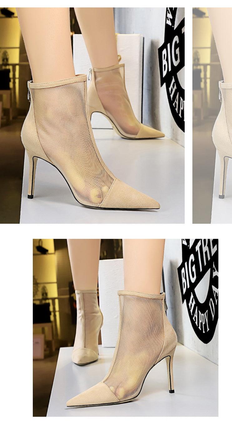 European and American Sexy Nightclubs Thinner See-through Mesh Hollow-out High Heels Women's Shoes Stiletto Heel Pointed Ankle Boots - So Real Fashion