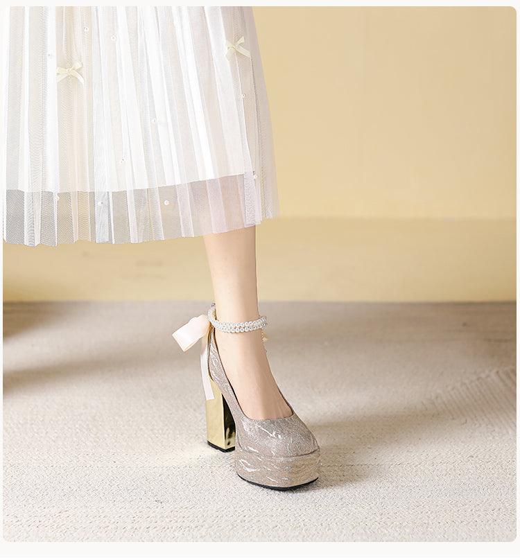 Waterproof Platform Super High Heels Chunky Heel Champagne Bridesmaid Wedding Shoes Short Music Strap Pearl Grace Flats - So Real Fashion