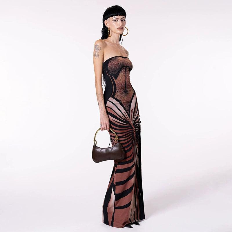 Fashion Pure Desire Wind Autumn New Fashion Trendy Printed Sexy Tube Top Slit Slim-Fitting Slim Looking Sexy Dress - So Real Fashion