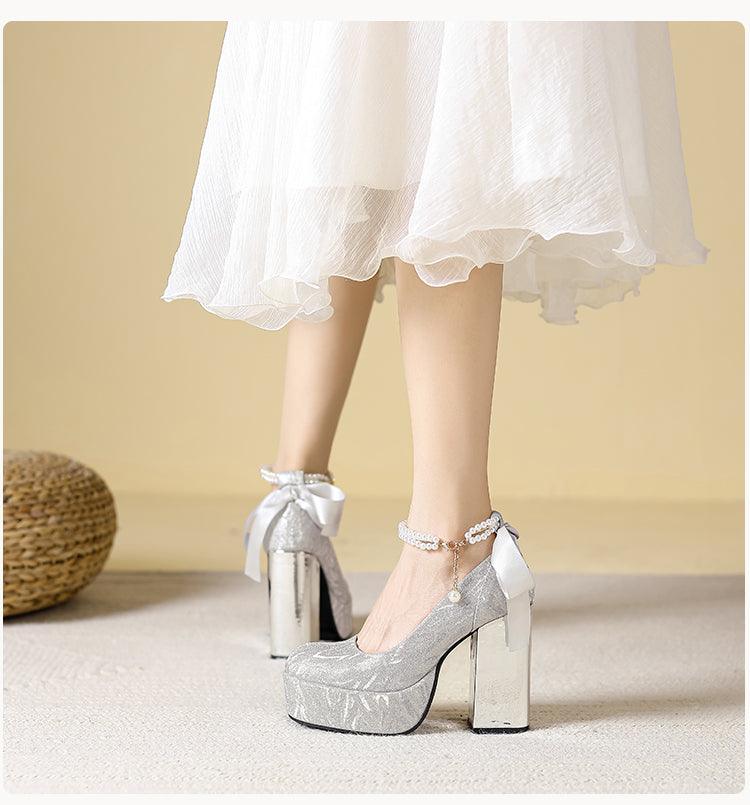 Waterproof Platform Super High Heels Chunky Heel Champagne Bridesmaid Wedding Shoes Short Music Strap Pearl Grace Flats - So Real Fashion