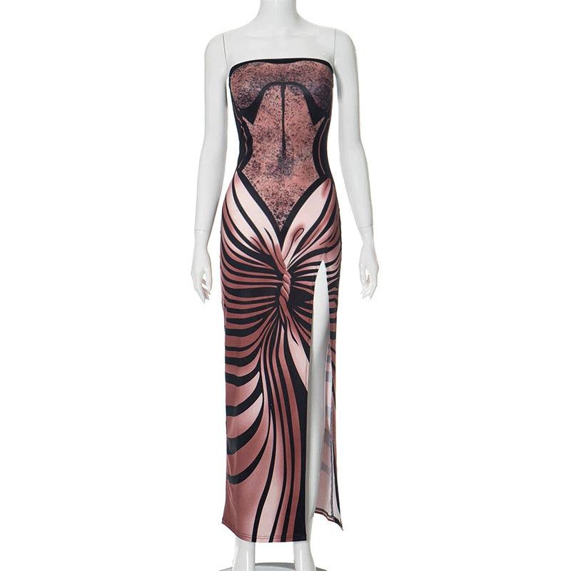 Fashion Pure Desire Wind Autumn New Fashion Trendy Printed Sexy Tube Top Slit Slim-Fitting Slim Looking Sexy Dress - So Real Fashion