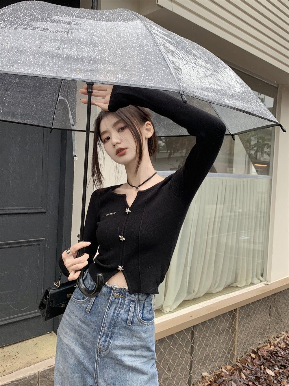 Sweet Sexy Black V-neck Base Knitwear Female Spring & Fall Slim Fit Inner Wear Slim Looking Unique Chic Cropped Small Top - So Real Fashion