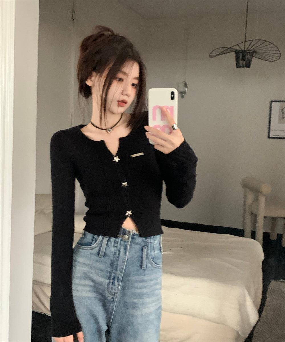 Sweet Sexy Black V-neck Base Knitwear Female Spring & Fall Slim Fit Inner Wear Slim Looking Unique Chic Cropped Small Top - So Real Fashion