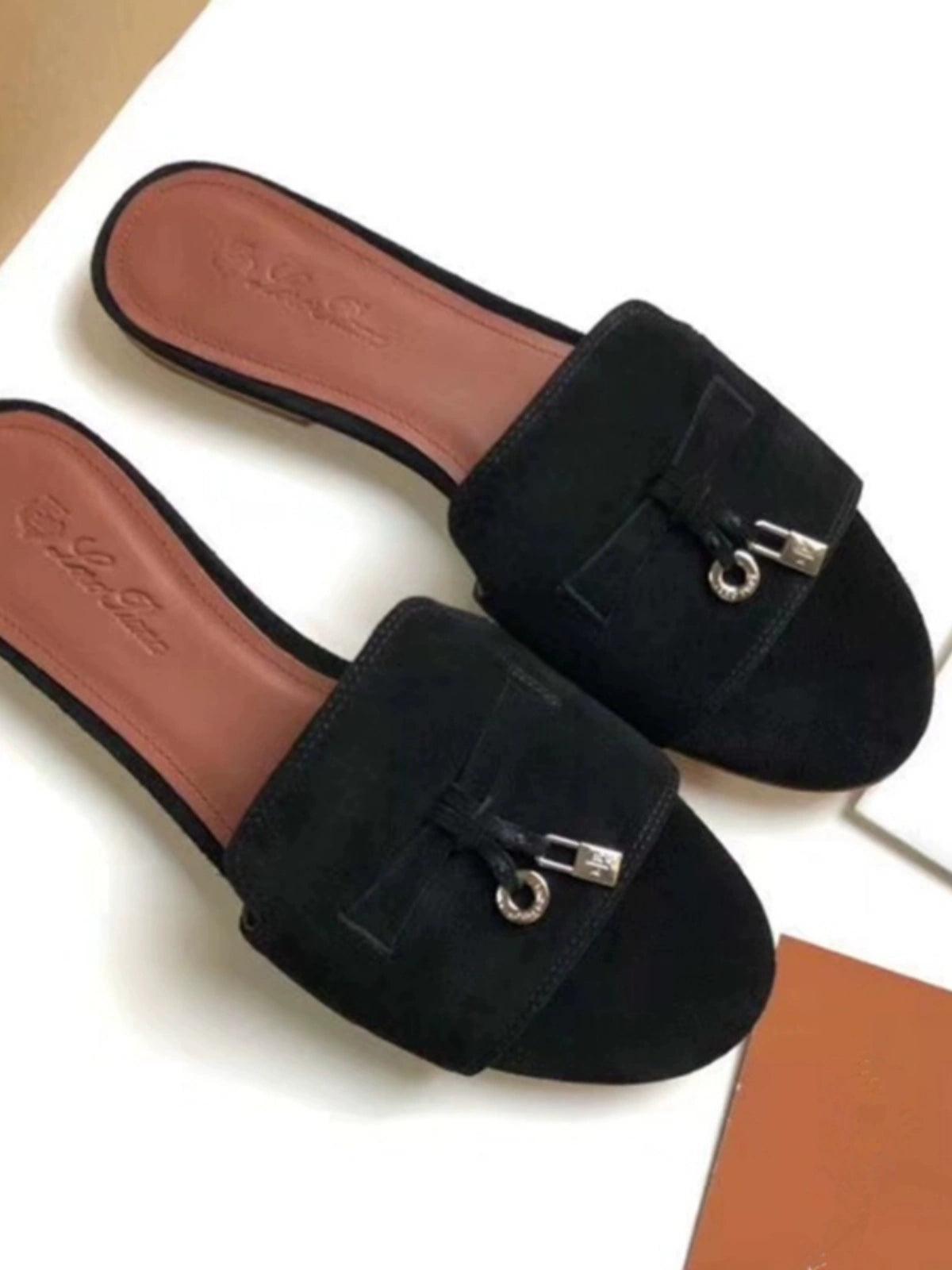 LP Flat for Outdoors Genuine Leather Suede Half Slippers Retro Bean Bag Open Toe Sandals Internet Celebrity Comfortable plus Size Women's Shoes - So Real Fashion