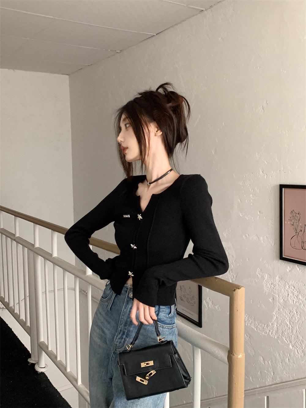 Sweet Sexy Black V-neck Base Knitwear Female Spring & Fall Slim Fit Inner Wear Slim Looking Unique Chic Cropped Small Top - So Real Fashion