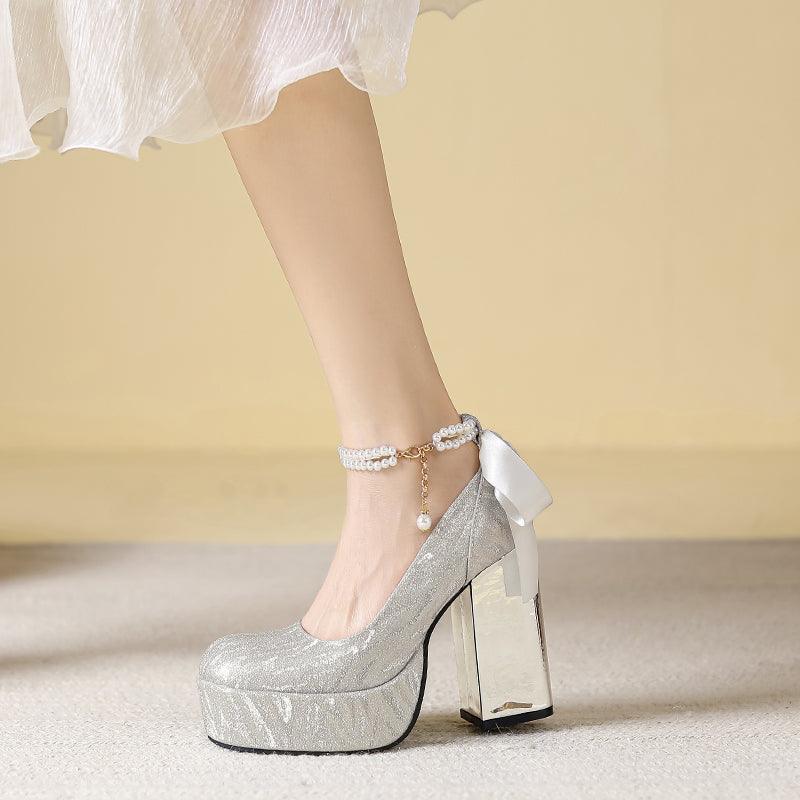 Waterproof Platform Super High Heels Chunky Heel Champagne Bridesmaid Wedding Shoes Short Music Strap Pearl Grace Flats - So Real Fashion