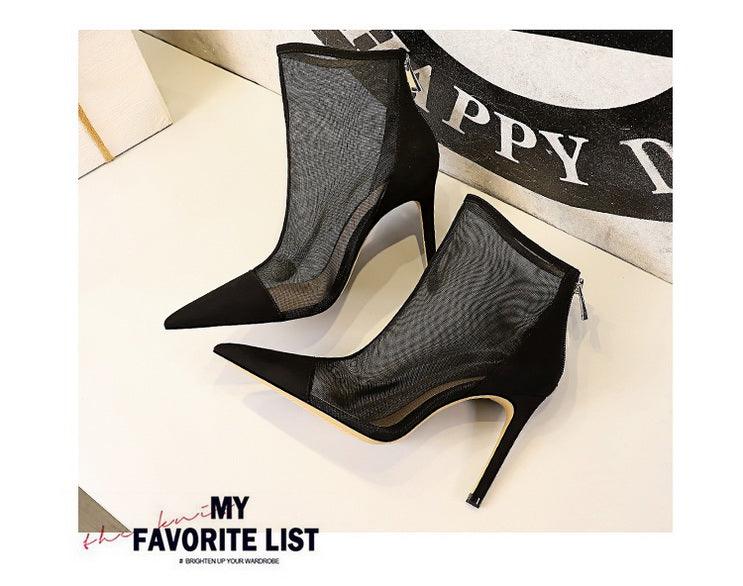 European and American Sexy Nightclubs Thinner See-through Mesh Hollow-out High Heels Women's Shoes Stiletto Heel Pointed Ankle Boots - So Real Fashion