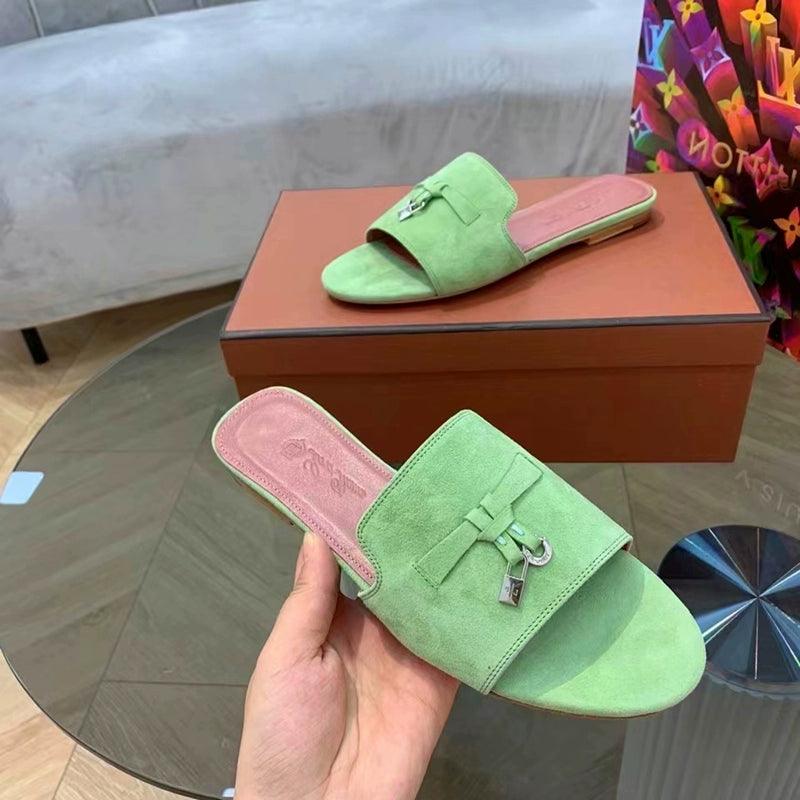 Flat for Outdoors Genuine Leather Suede Half Slippers Retro Bean Bag Open Toe Sandals Internet Celebrity Comfortable plus Size Women's Shoes - So Real Fashion