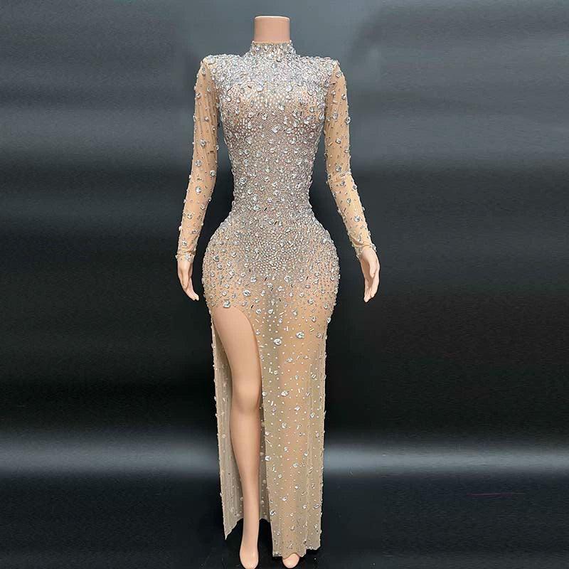 High Neck Sexy Slit Rhinestone Elegant Shiny Dress - So Real Fashion