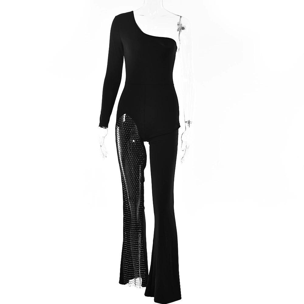 Sexy Socialite Slim Fit Women's Street Shooting Sexy Sexy Net Drill Cut Out One Shoulder Long Sleeve Jumpsuit Jumpsuit - So Real Fashion