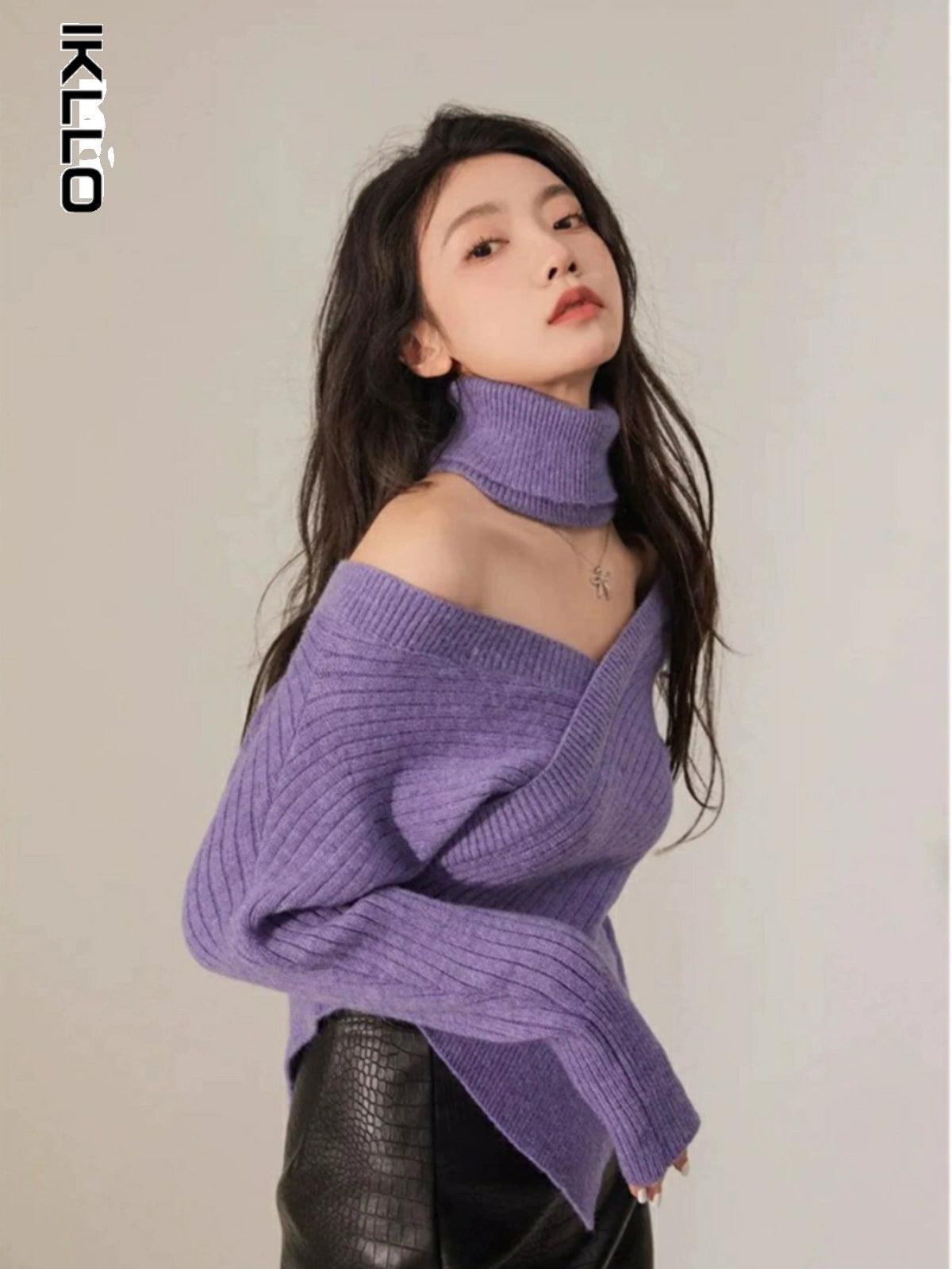 Off-Shoulder Niche Style Retro Asymmetrical Purple Sweater - So Real Fashion