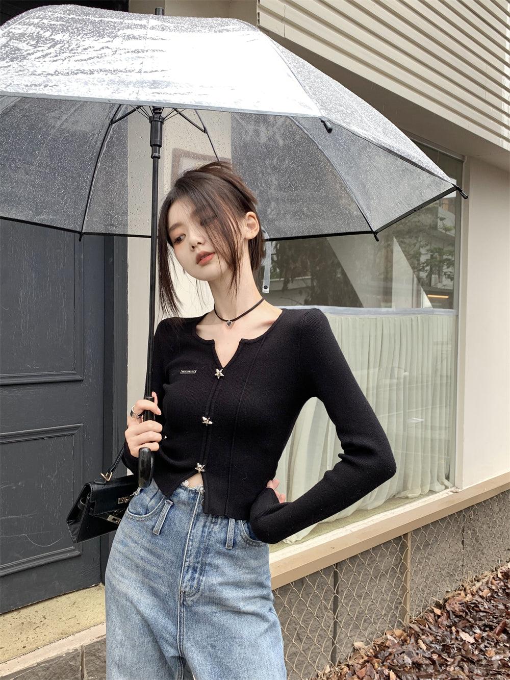 Sweet Sexy Black V-neck Base Knitwear Female Spring & Fall Slim Fit Inner Wear Slim Looking Unique Chic Cropped Small Top - So Real Fashion