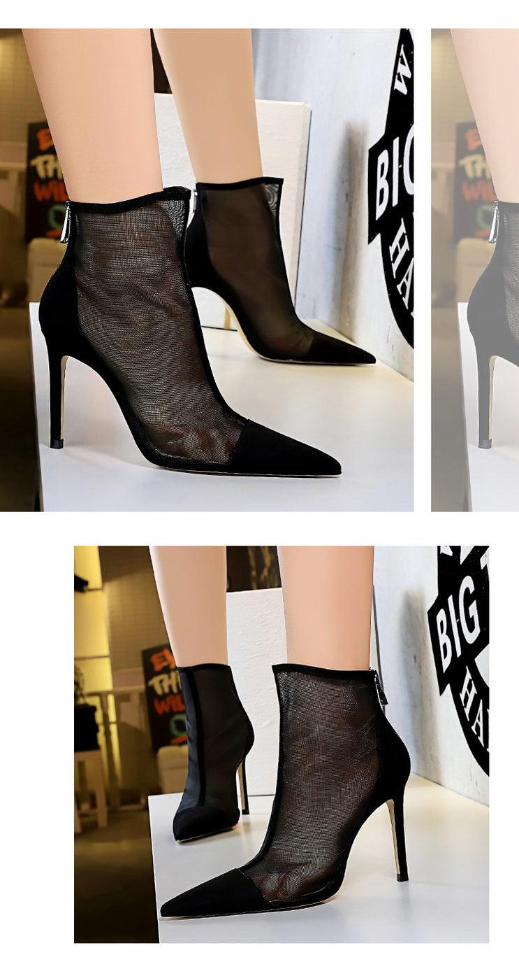 European and American Sexy Nightclubs Thinner See-through Mesh Hollow-out High Heels Women's Shoes Stiletto Heel Pointed Ankle Boots - So Real Fashion