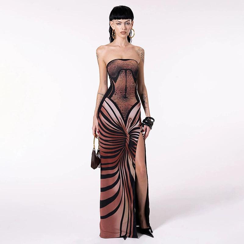 Fashion Pure Desire Wind Autumn New Fashion Trendy Printed Sexy Tube Top Slit Slim-Fitting Slim Looking Sexy Dress - So Real Fashion