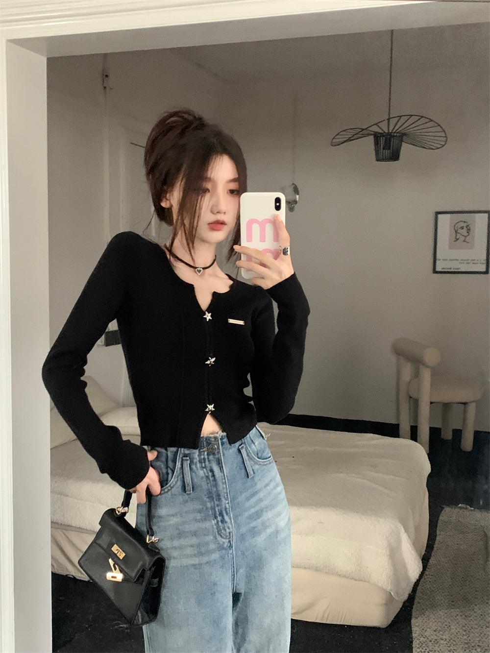 Sweet Sexy Black V-neck Base Knitwear Female Spring & Fall Slim Fit Inner Wear Slim Looking Unique Chic Cropped Small Top - So Real Fashion