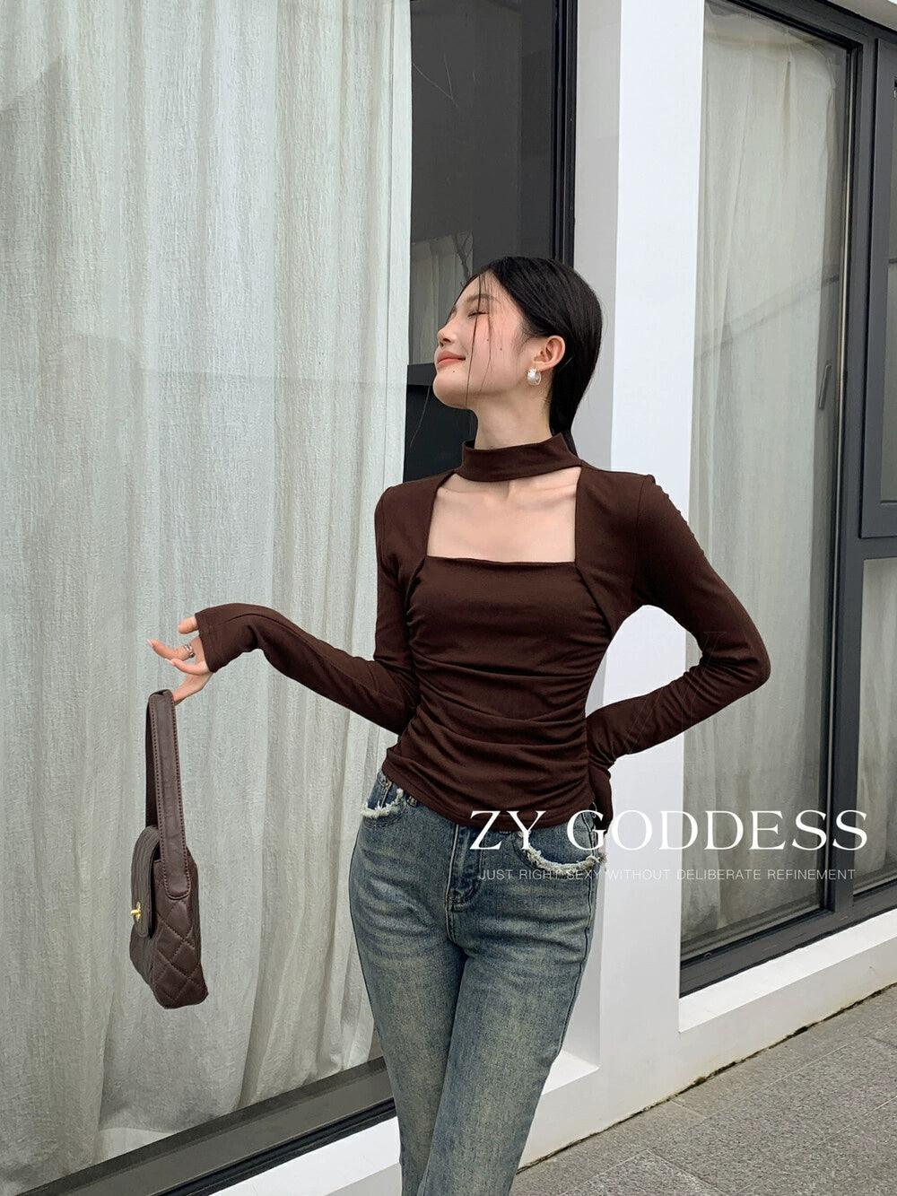 Design Blouse Niche Style Brushed Waist-Tight T-shirt Halterneck - So Real Fashion