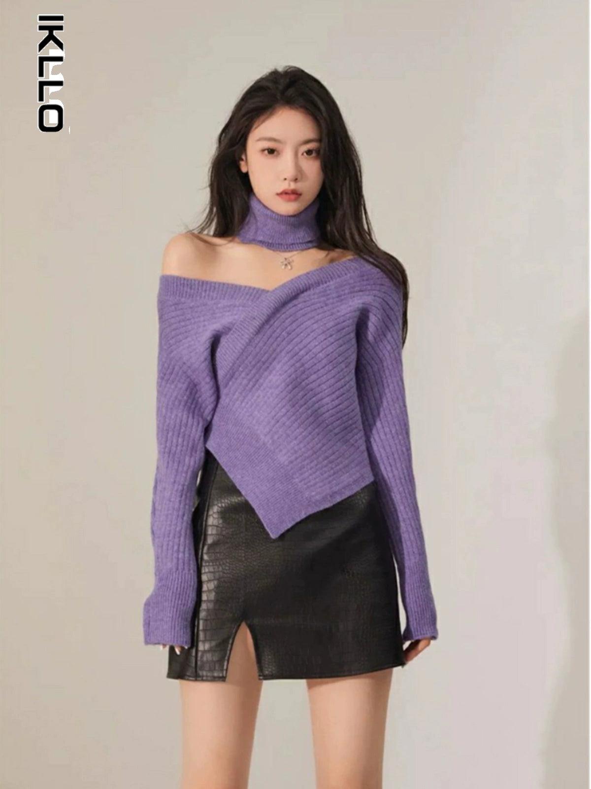 Off-Shoulder Niche Style Retro Asymmetrical Purple Sweater - So Real Fashion