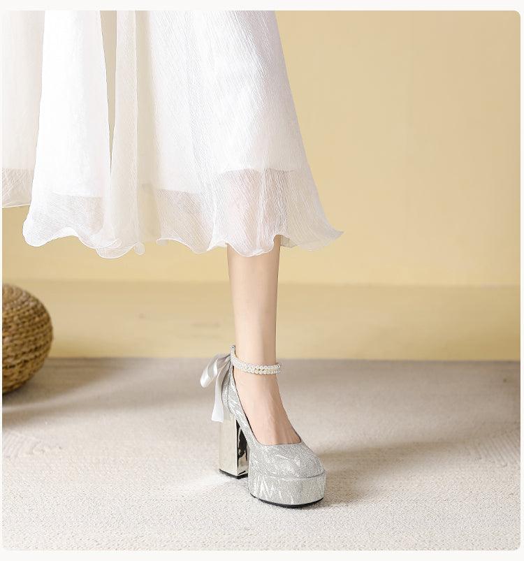 Waterproof Platform Super High Heels Chunky Heel Champagne Bridesmaid Wedding Shoes Short Music Strap Pearl Grace Flats - So Real Fashion