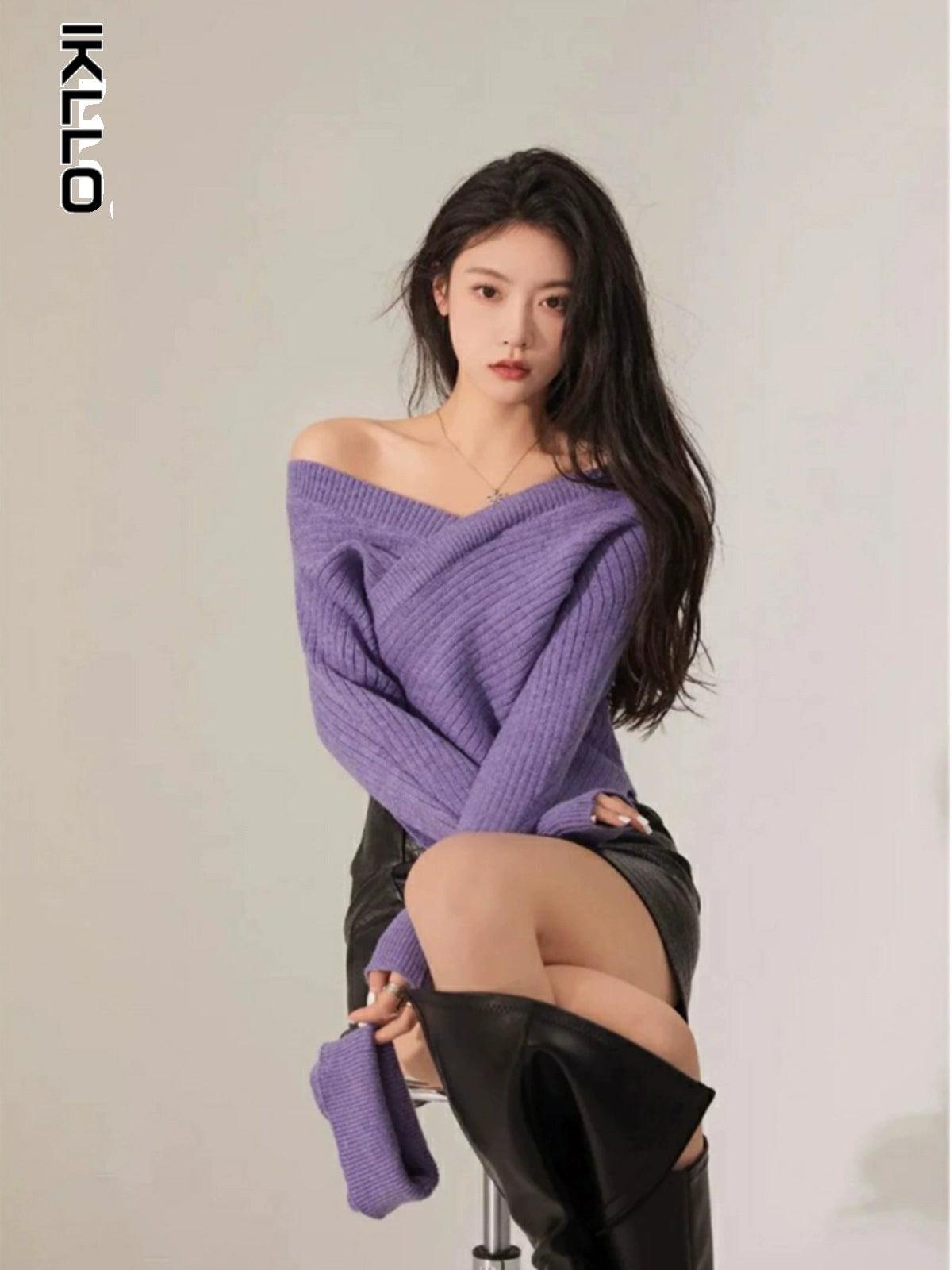 Off-Shoulder Niche Style Retro Asymmetrical Purple Sweater - So Real Fashion