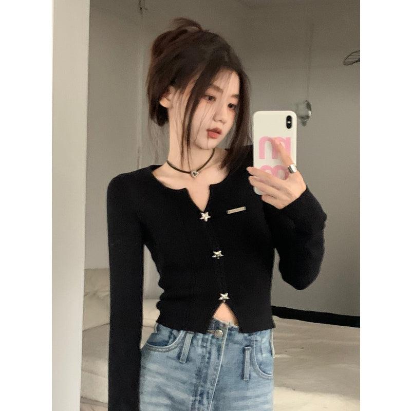 Sweet Sexy Black V-neck Base Knitwear Female Spring & Fall Slim Fit Inner Wear Slim Looking Unique Chic Cropped Small Top - So Real Fashion