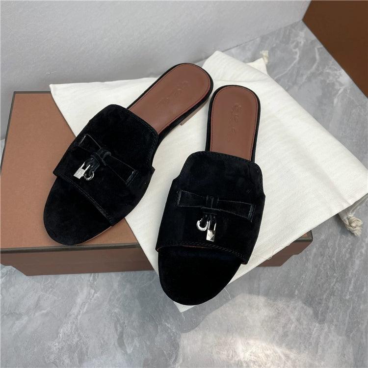 Flat for Outdoors Genuine Leather Suede Half Slippers Retro Bean Bag Open Toe Sandals Internet Celebrity Comfortable plus Size Women's Shoes - So Real Fashion