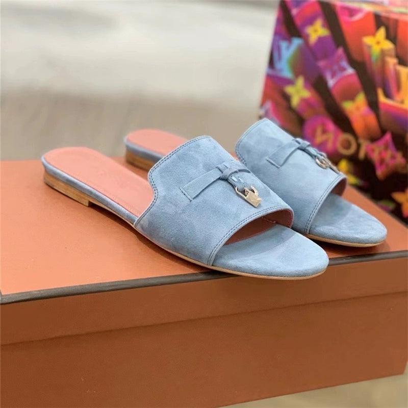 Flat for Outdoors Genuine Leather Suede Half Slippers Retro Bean Bag Open Toe Sandals Internet Celebrity Comfortable plus Size Women's Shoes - So Real Fashion