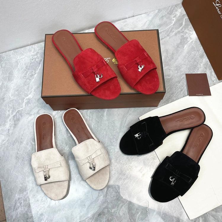 Flat for Outdoors Genuine Leather Suede Half Slippers Retro Bean Bag Open Toe Sandals Internet Celebrity Comfortable plus Size Women's Shoes - So Real Fashion