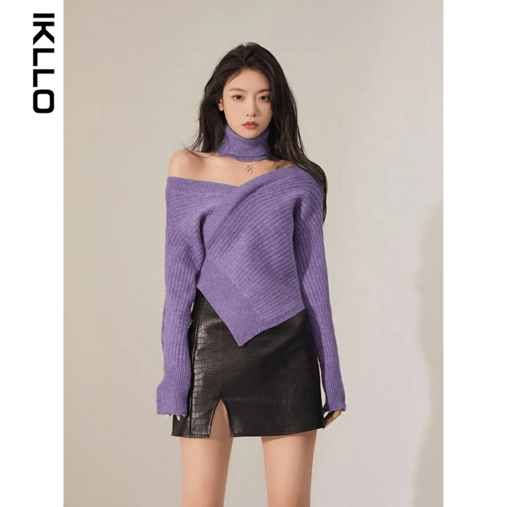 Off-Shoulder Niche Style Retro Asymmetrical Purple Sweater - So Real Fashion