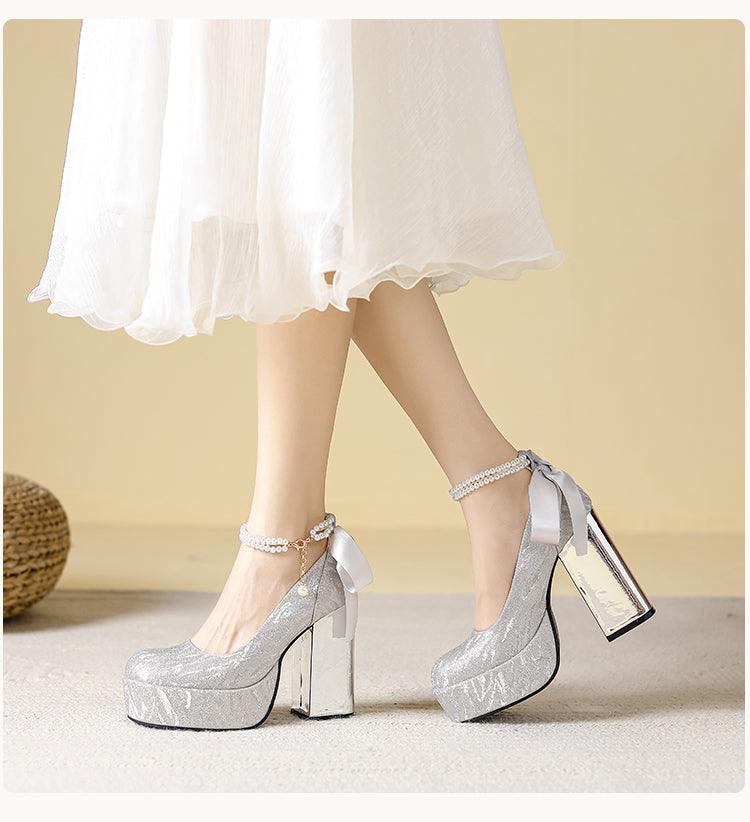 Waterproof Platform Super High Heels Chunky Heel Champagne Bridesmaid Wedding Shoes Short Music Strap Pearl Grace Flats - So Real Fashion