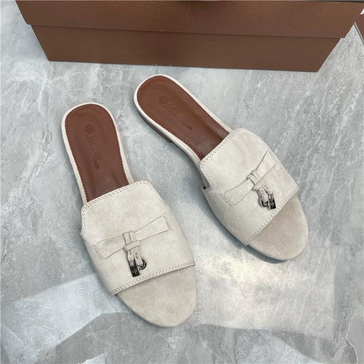 Flat for Outdoors Genuine Leather Suede Half Slippers Retro Bean Bag Open Toe Sandals Internet Celebrity Comfortable plus Size Women's Shoes - So Real Fashion