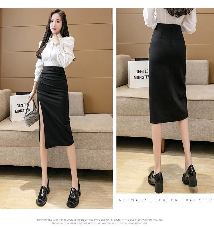 Irregular Slit Mid Length Long Length Spring Pleated Skirt - So Real Fashion