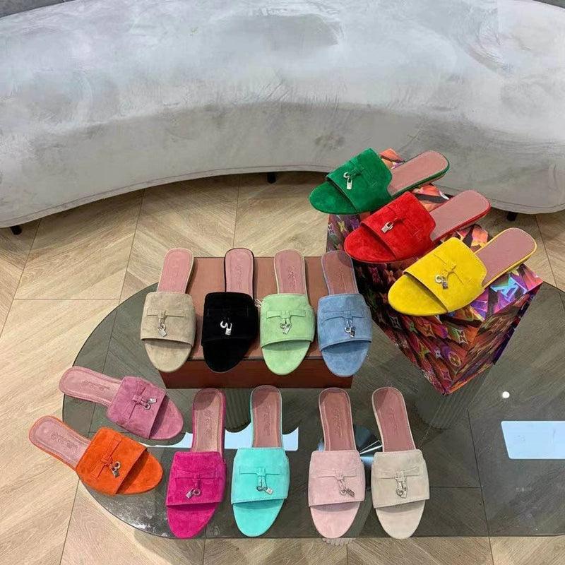 Flat for Outdoors Genuine Leather Suede Half Slippers Retro Bean Bag Open Toe Sandals Internet Celebrity Comfortable plus Size Women's Shoes - So Real Fashion